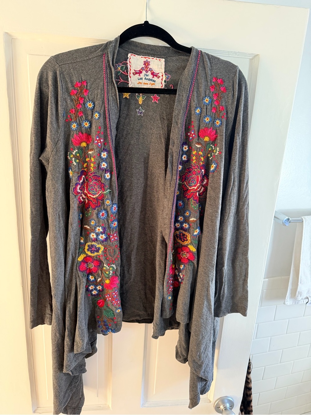 Johnny Was Gray Open Cardigan with Pink and Blue Floral Embroidery